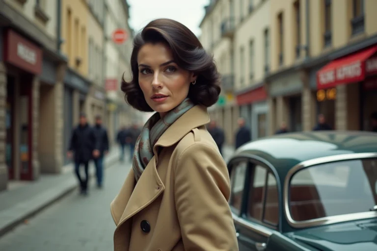 Femme élégante devant une voiture vintage en ville