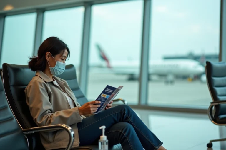 Femme en voyage à l'aéroport vérifiant son passeport et pamphlet dengue