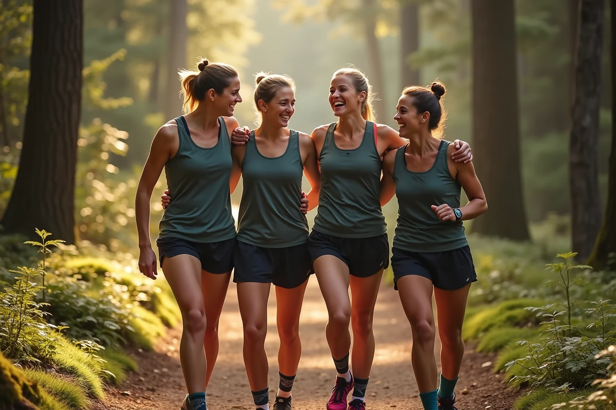 Femmes courant et riant après une course en forêt