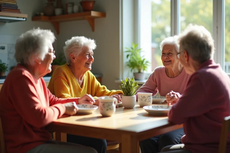 Groupe de femmes seniors discutant dans la cuisine lumineuse