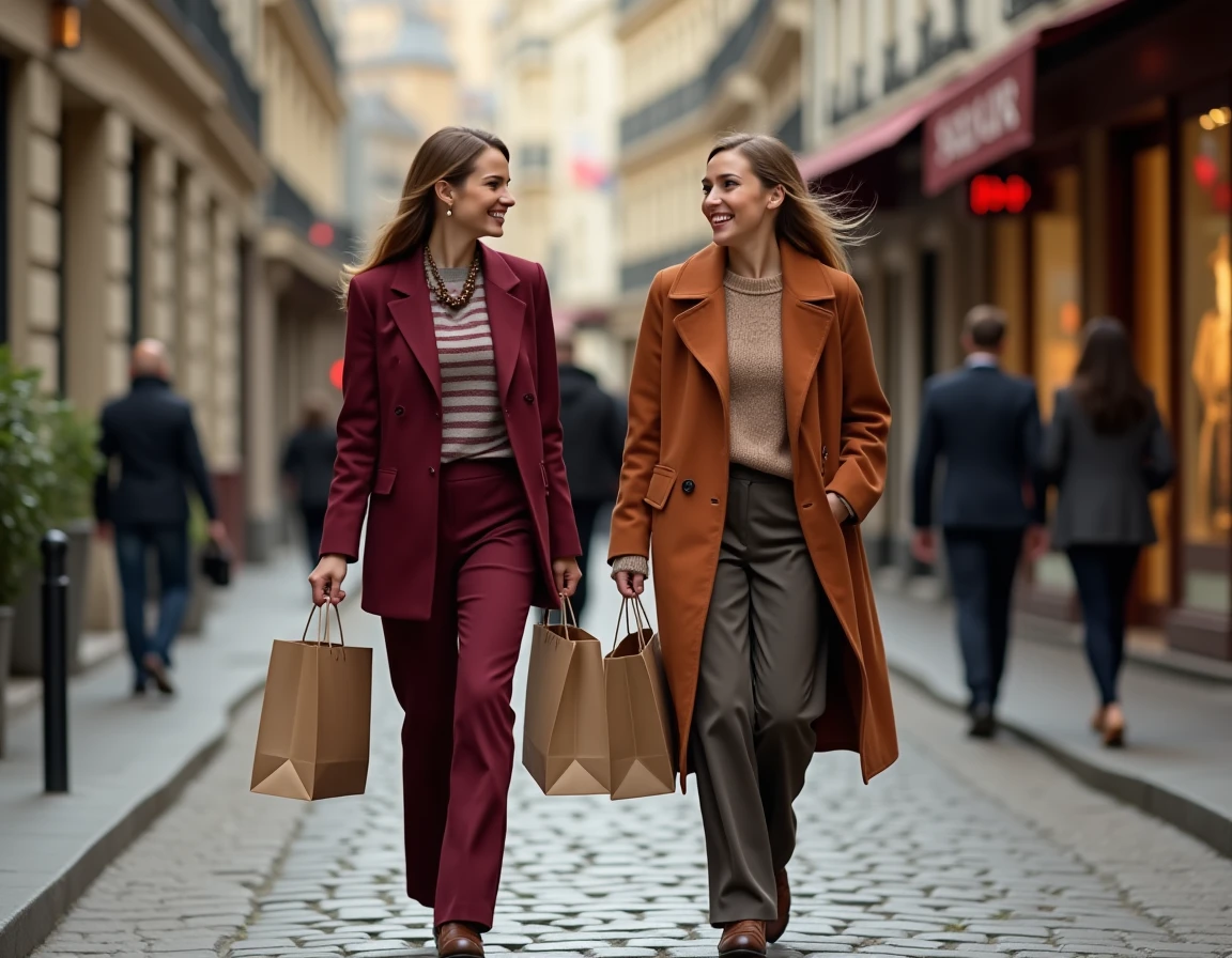 Deux femmes souriantes se promenant dans une rue pavée avec des sacs de shopping, habillées en tenues automnales élégantes