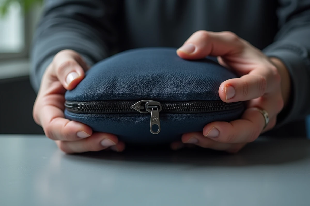 Gros plan sur la fermeture éclair YKK d'un sac Eastpak authentique tenue entre les doigts