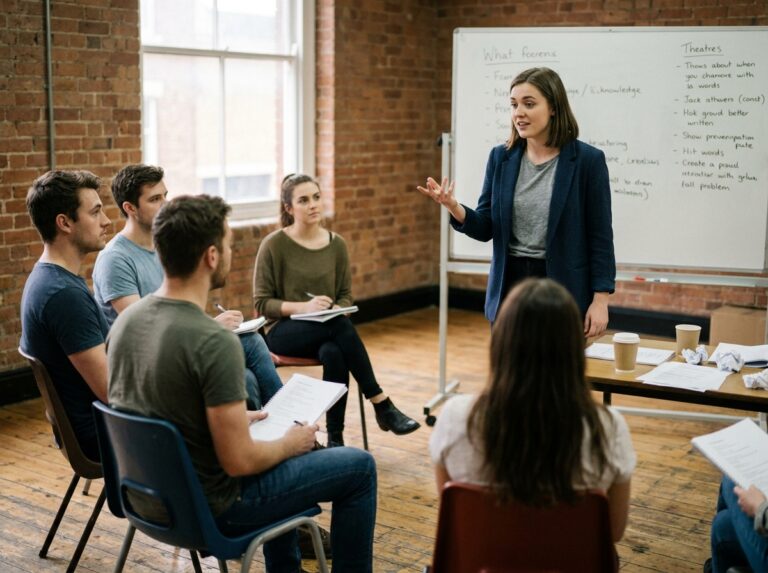 Jeune femme en formation animation présentant un pitch devant ses camarades dans une salle de répétition