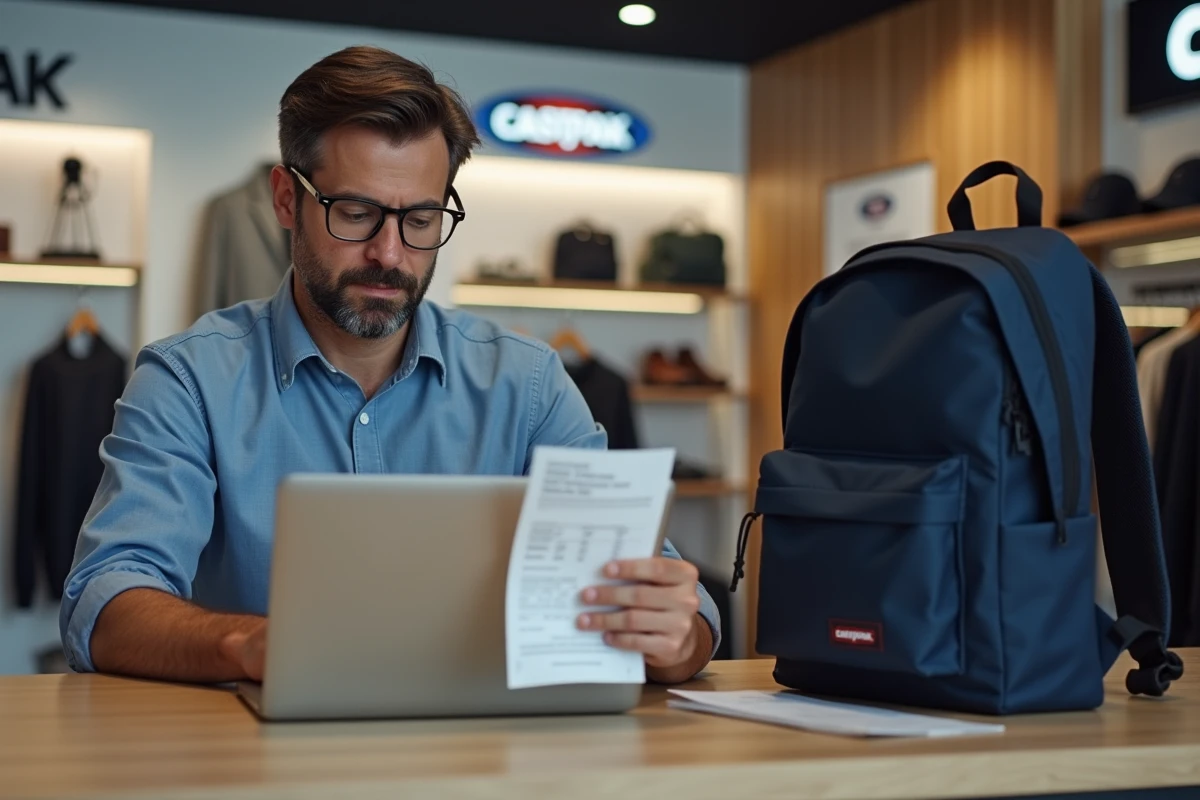 Homme vérifiant la garantie et les documents d'achat d'un sac Eastpak pour authentifier le vendeur