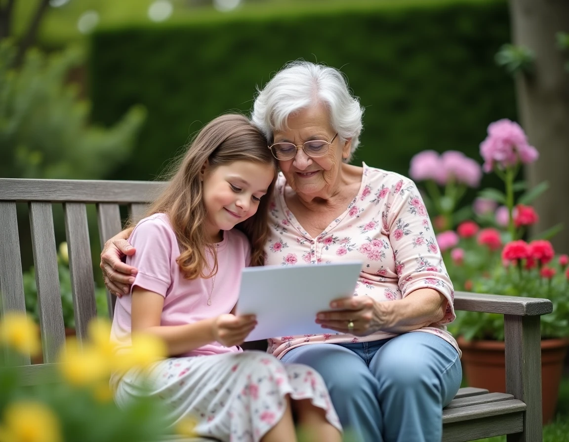 Grand-mère et petite-fille lisant ensemble une lettre manuscrite sur un banc de jardin fleuri en printemps