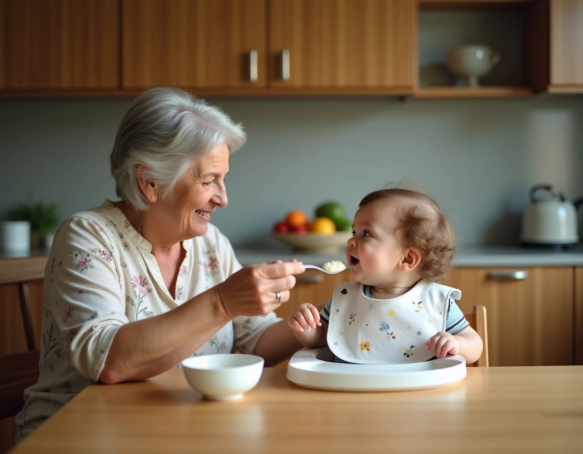 Grandmother feeding a spoon to an eight-month-old baby sitting in a high chair in a warm family kitchen