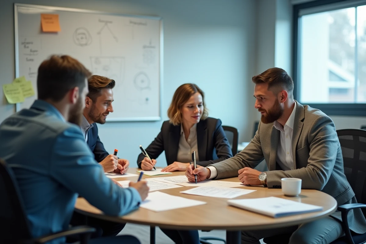 Groupe de professionnels en atelier de formation interactive autour d'une table de réunion avec des supports pédagogiques