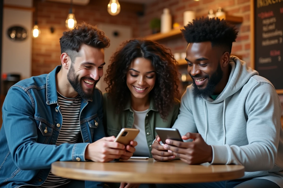 Groupe de jeunes professionnels discutant des dernières tendances en ligne dans un café urbain