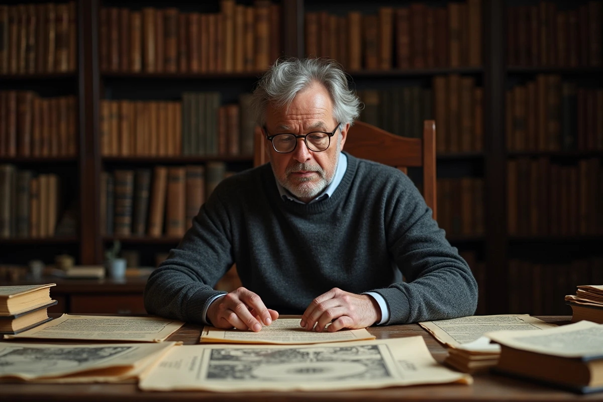 Historien examinant des archives et documents cartographiques sur la Seconde Guerre mondiale dans une bibliothèque universitaire