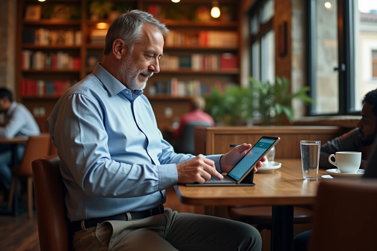 Homme en café vérifiant son historique de réservation sur tablette