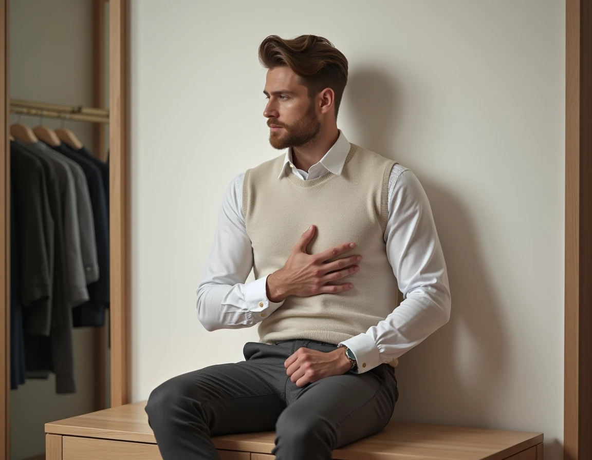 Homme jeune essayant un pull en laine mérinos dans une cabine d'essayage épurée et moderne
