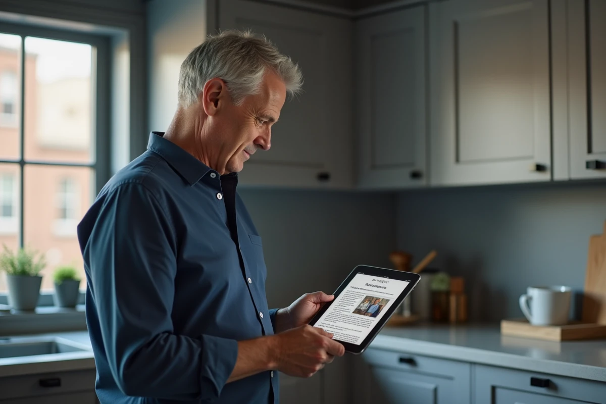 Homme lisant les informations et tendances du moment sur une tablette dans une cuisine contemporaine