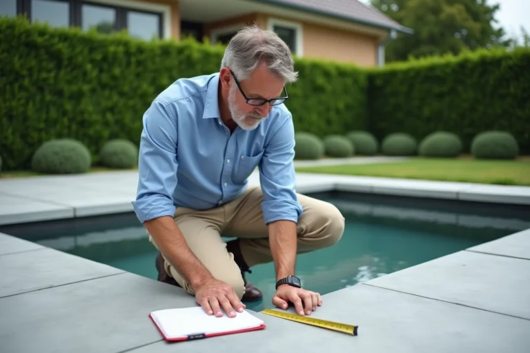 Homme mesurant une terrasse dans un jardin moderne