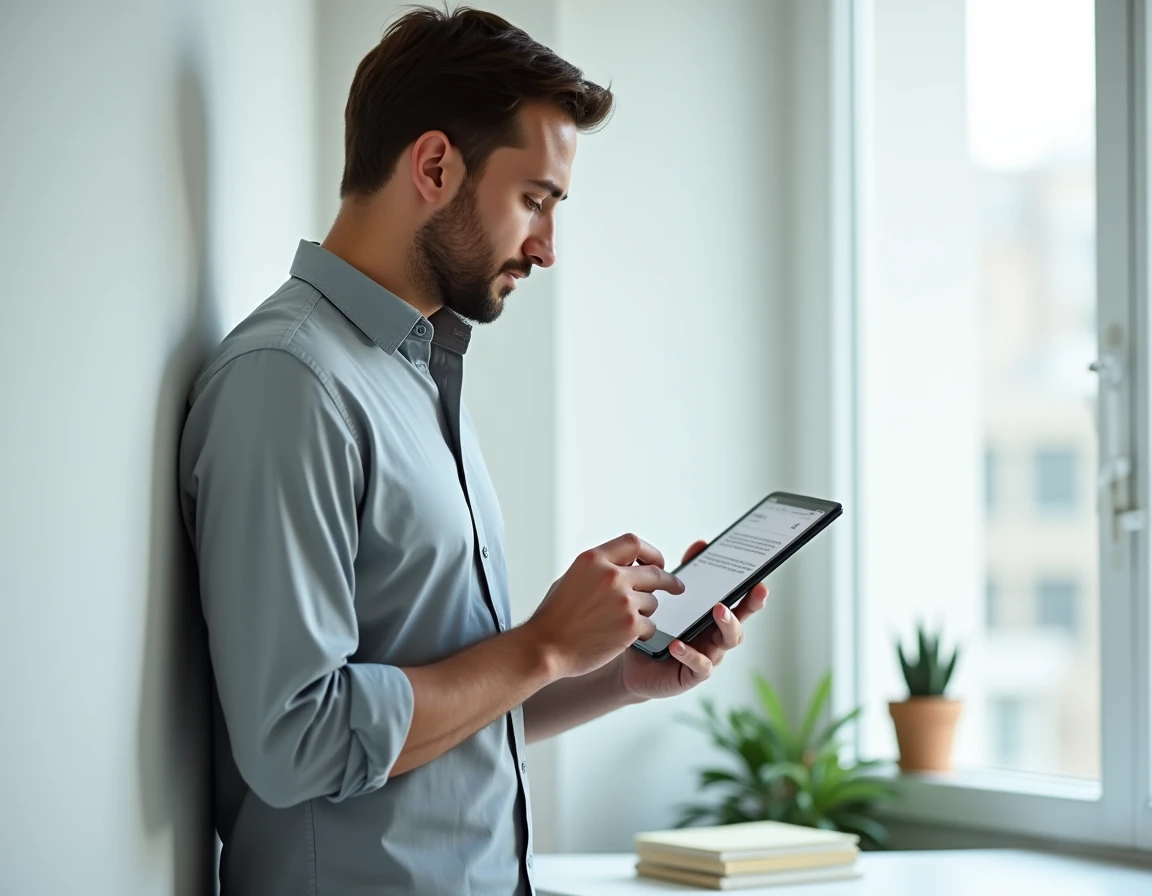 Homme consultant ses emails sur une tablette dans un bureau à domicile minimaliste pour trouver comment contacter facilement une personne