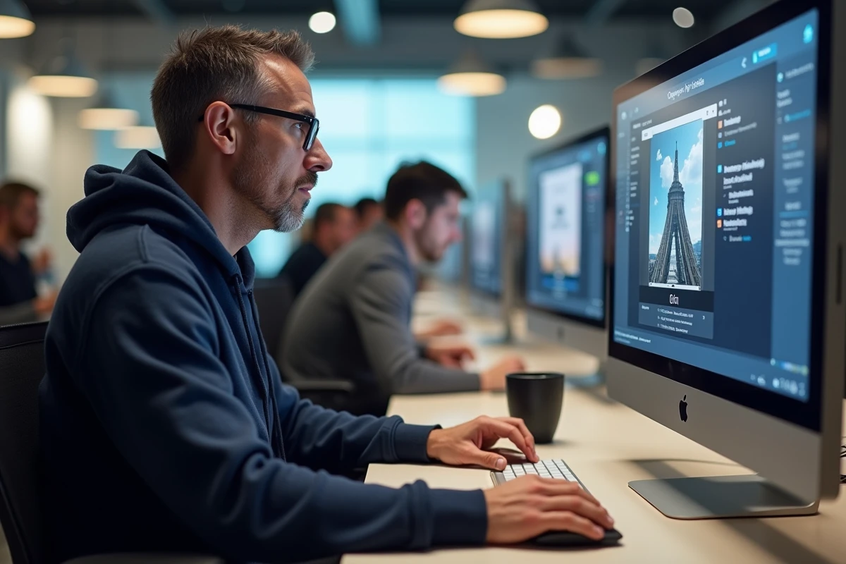 Homme concentré gérant un téléchargement de films au bureau