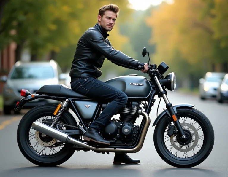 Jeune motard en veste textile noir assis sur une Honda CB750S grise dans une rue de banlieue, vue trois quarts