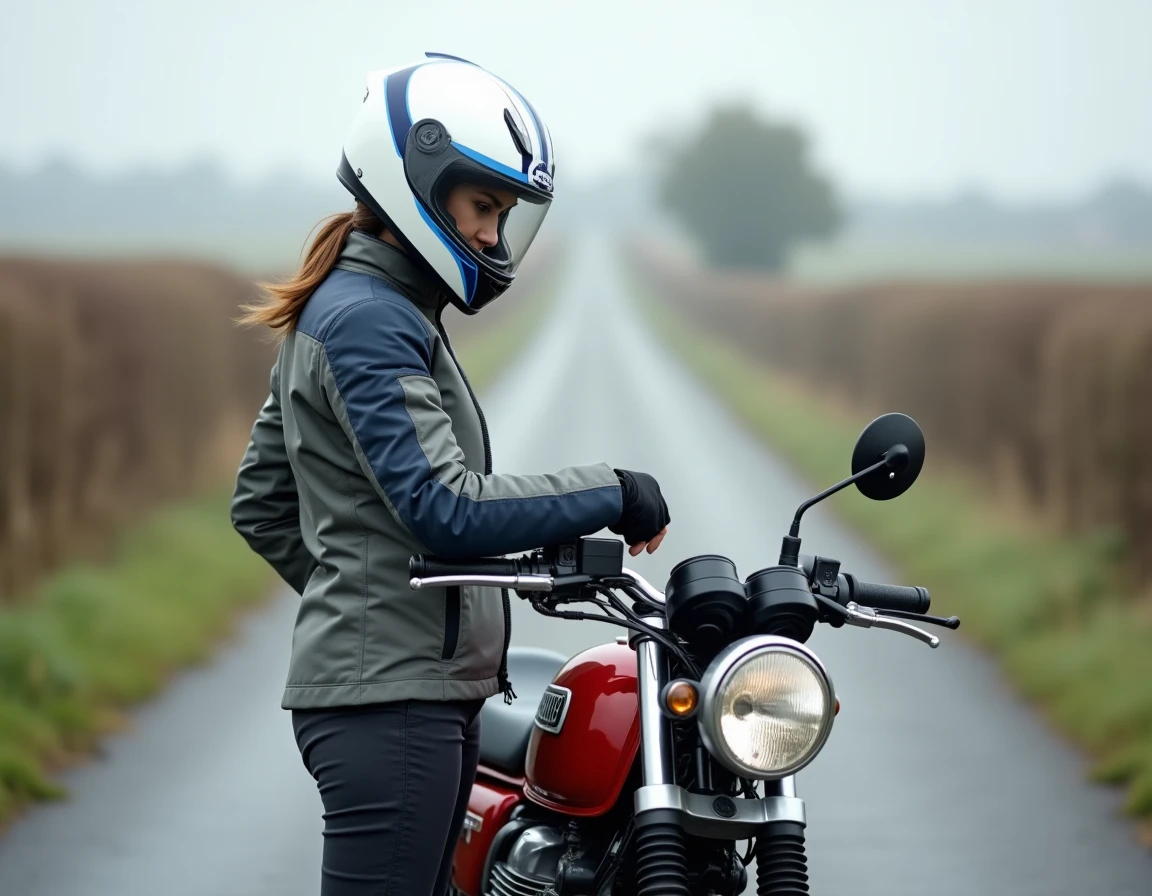 Jeune femme motarde en blouson gris examinant une Honda CB750S au bord d'une route de campagne, casque sous le bras