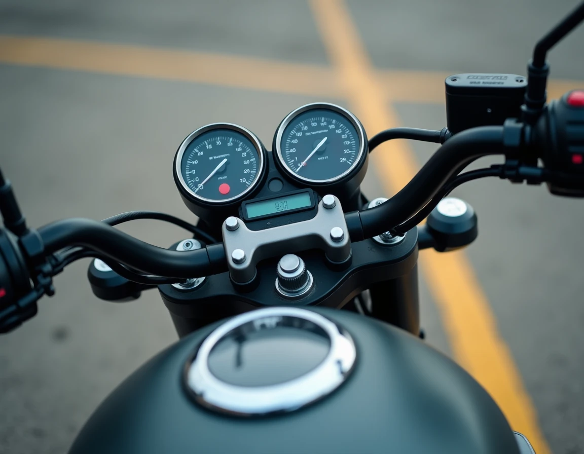 Tableau de bord et cockpit minimaliste de la Honda CB750S en gros plan, compteur analogique et affichage LCD