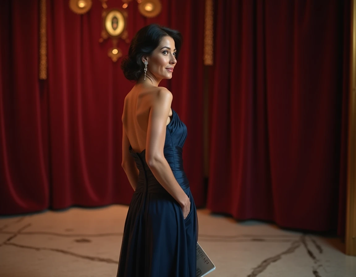 Icône du cinéma français en robe de soirée dans les coulisses d'un festival de films prestigieux, illustrant la carrière et la notoriété internationale de Sophie Marceau