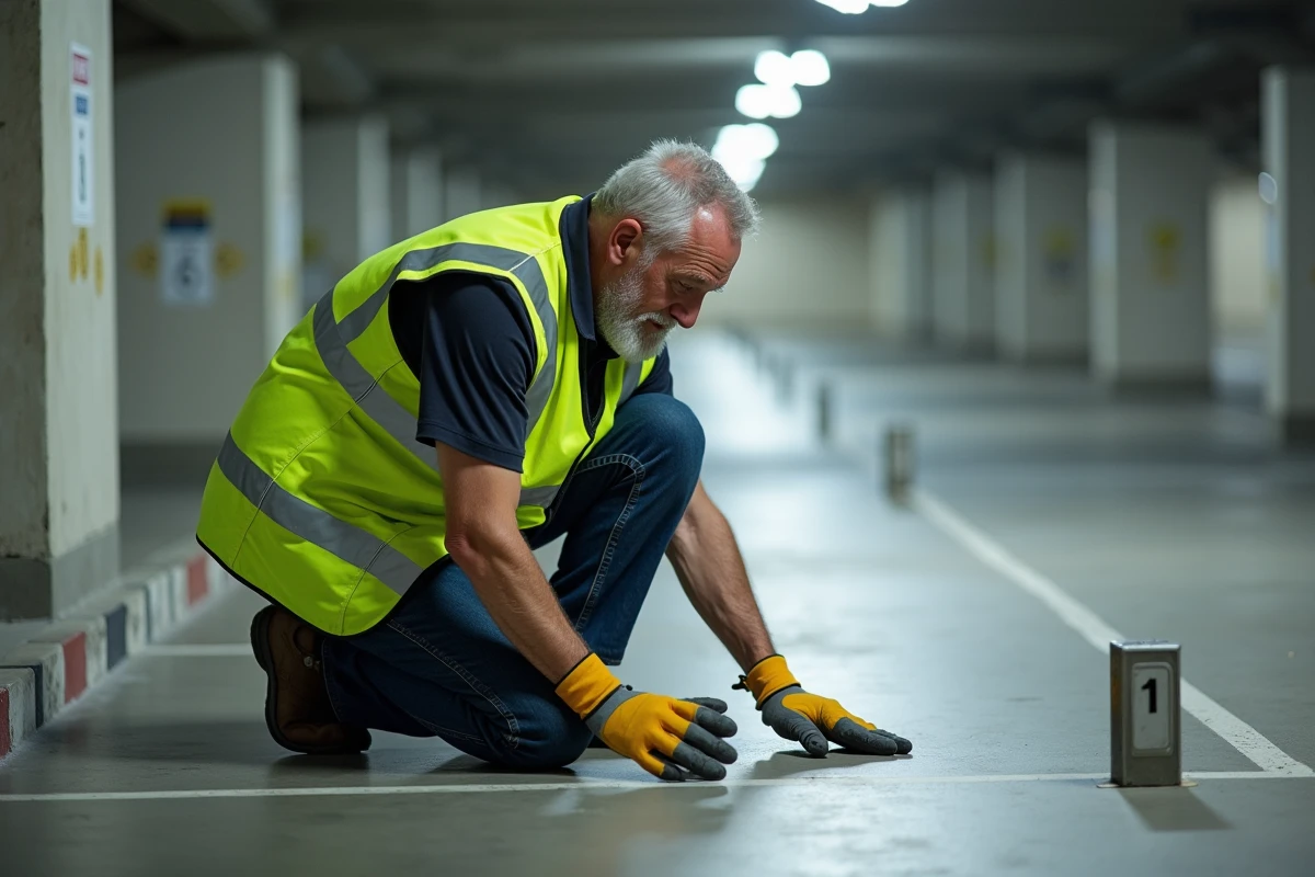 Agent d entretien posant un marquage de parking dans un garage