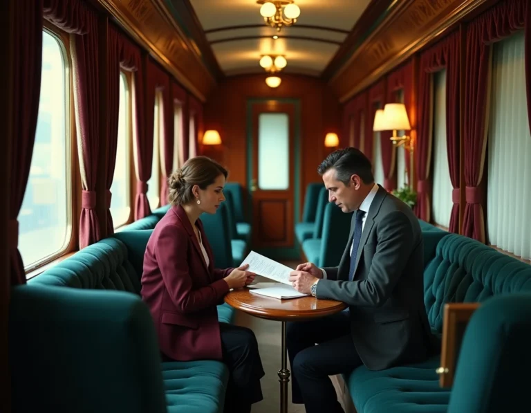 Intérieur d'un wagon de l'Orient Express avec des passagers assis dans des compartiments en velours bleu marine et boiseries marquetées