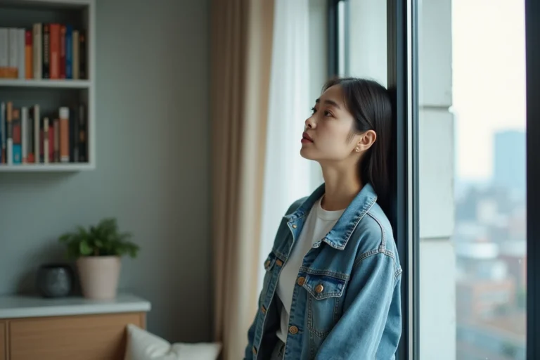 Jeune femme asiatique en appartement près d'une fenêtre