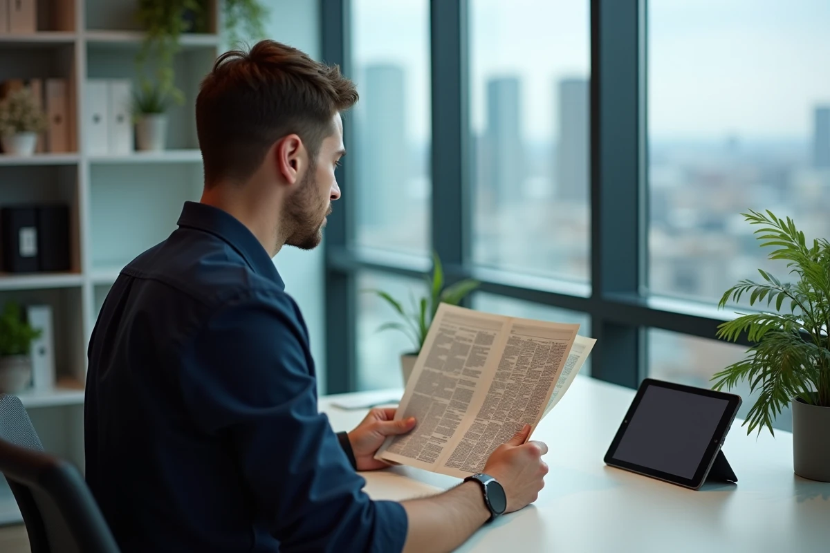 Jeune homme examinant des annonces imprimées dans un bureau moderne