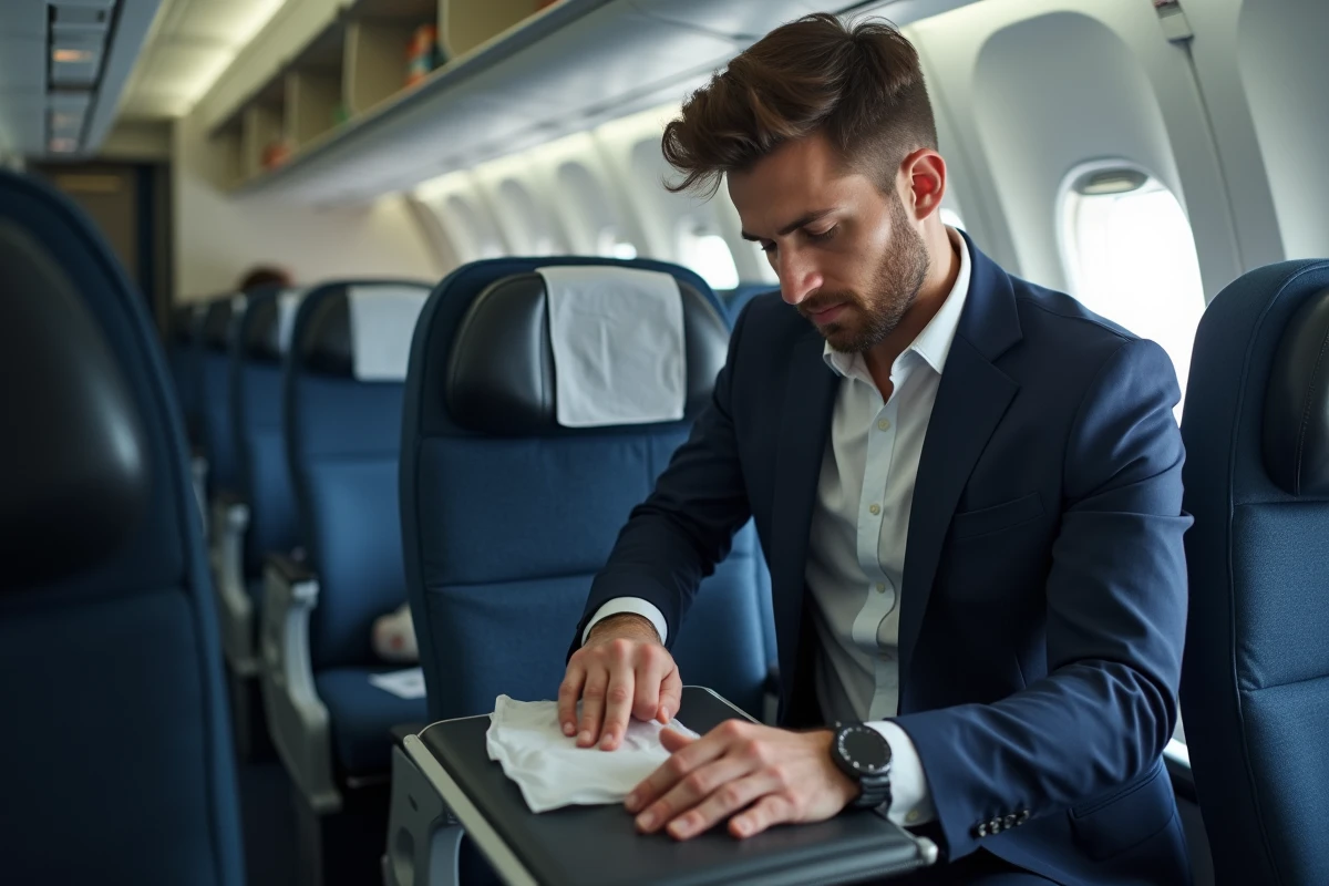Jeune homme en avion désinfectant la table pliante en classe affaires