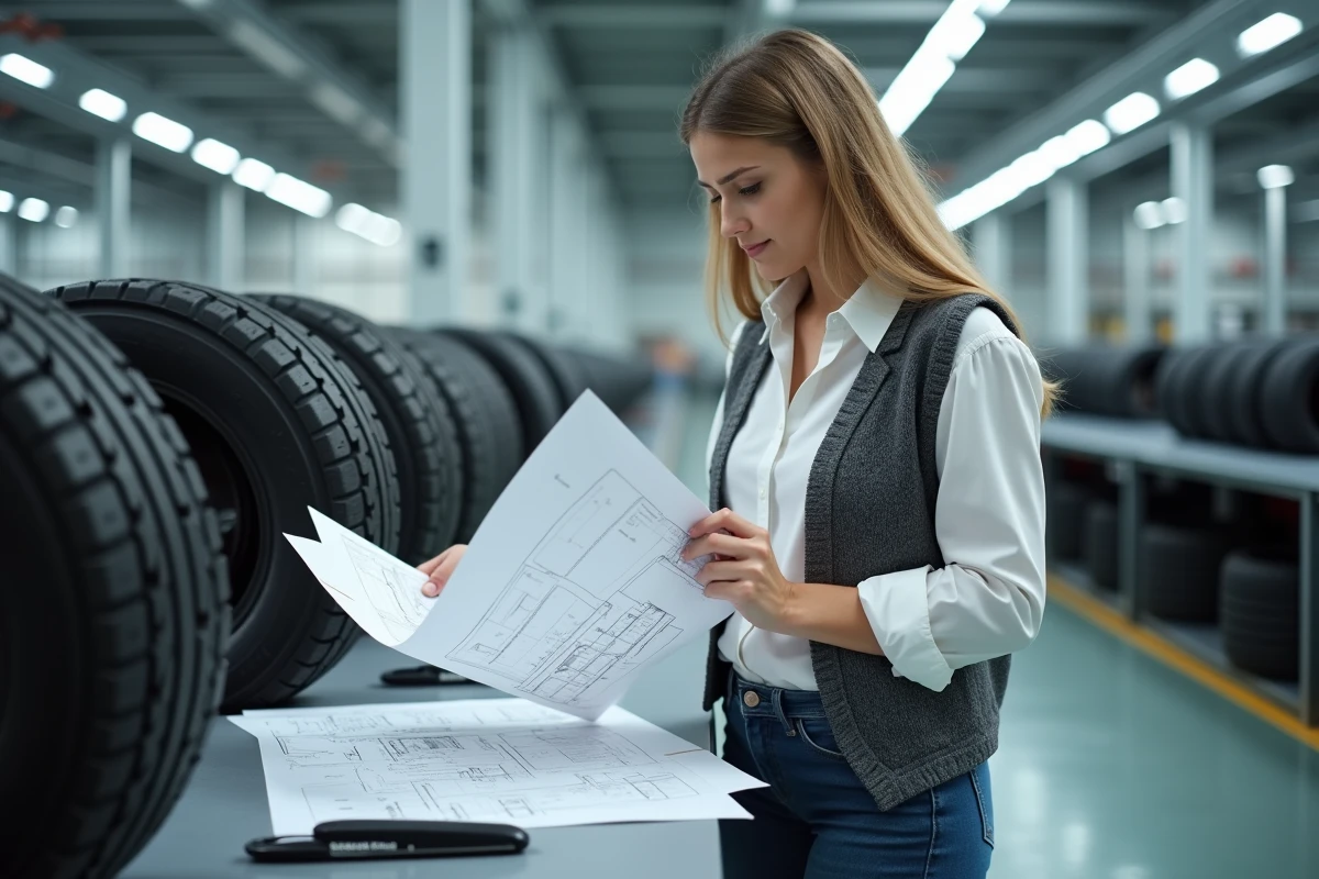 Jeune ingénieure examinant des plans avec pneus en bureau moderne