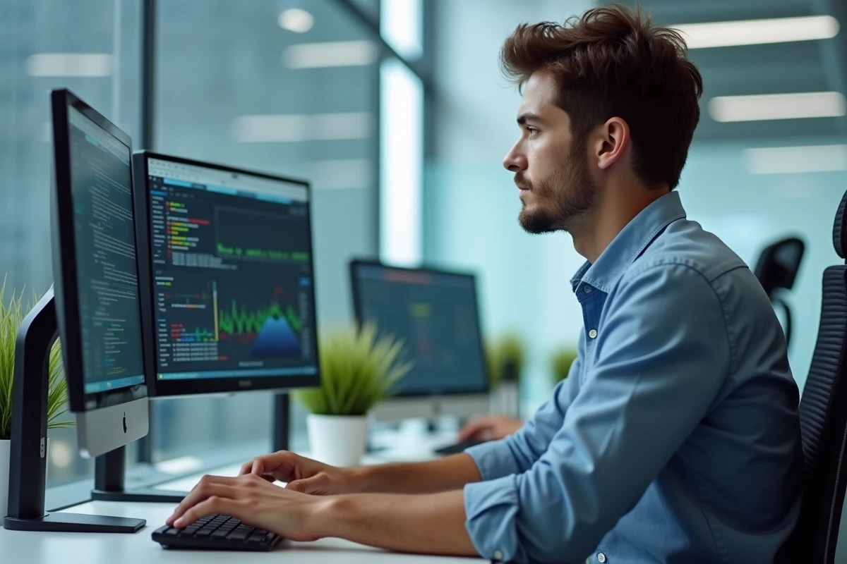 Jeune spécialiste informatique travaillant sur deux écrans