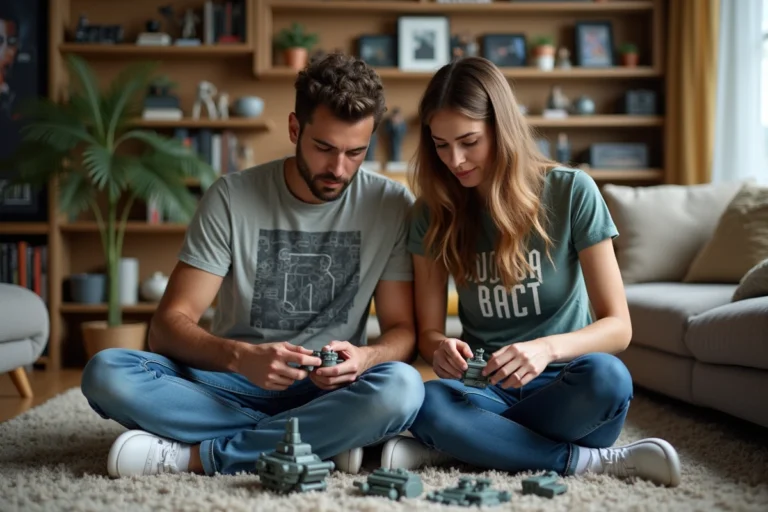 Jeune couple assemble un modèle sci-fi dans un salon cosy