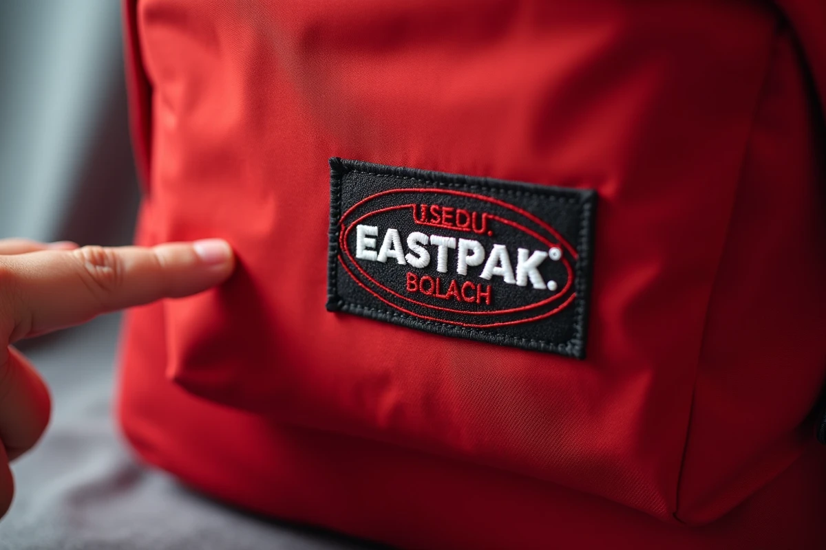 Gros plan sur le logo Eastpak brodé en extérieur montrant la régularité des fils et le centrage précis