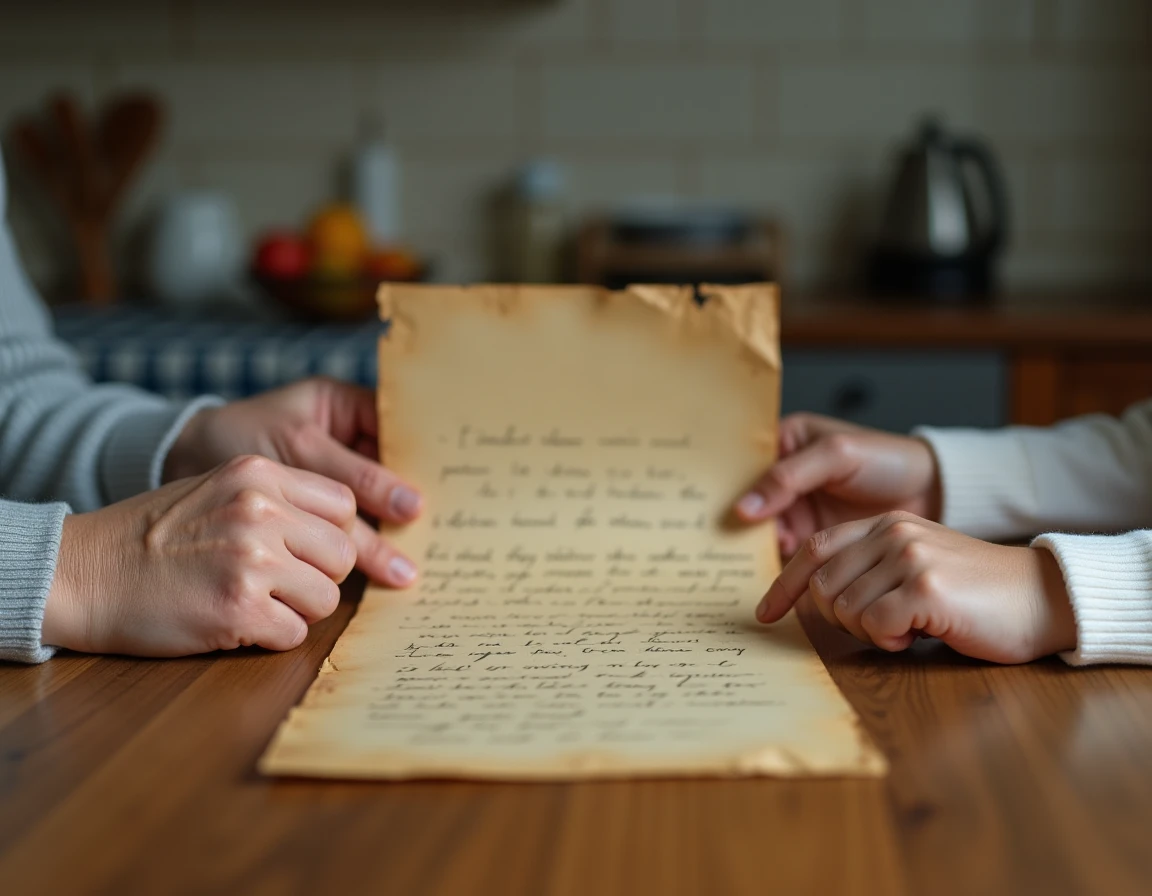 Mains de grand-mère et de petite-fille tenant ensemble une lettre manuscrite sur une table de cuisine familiale