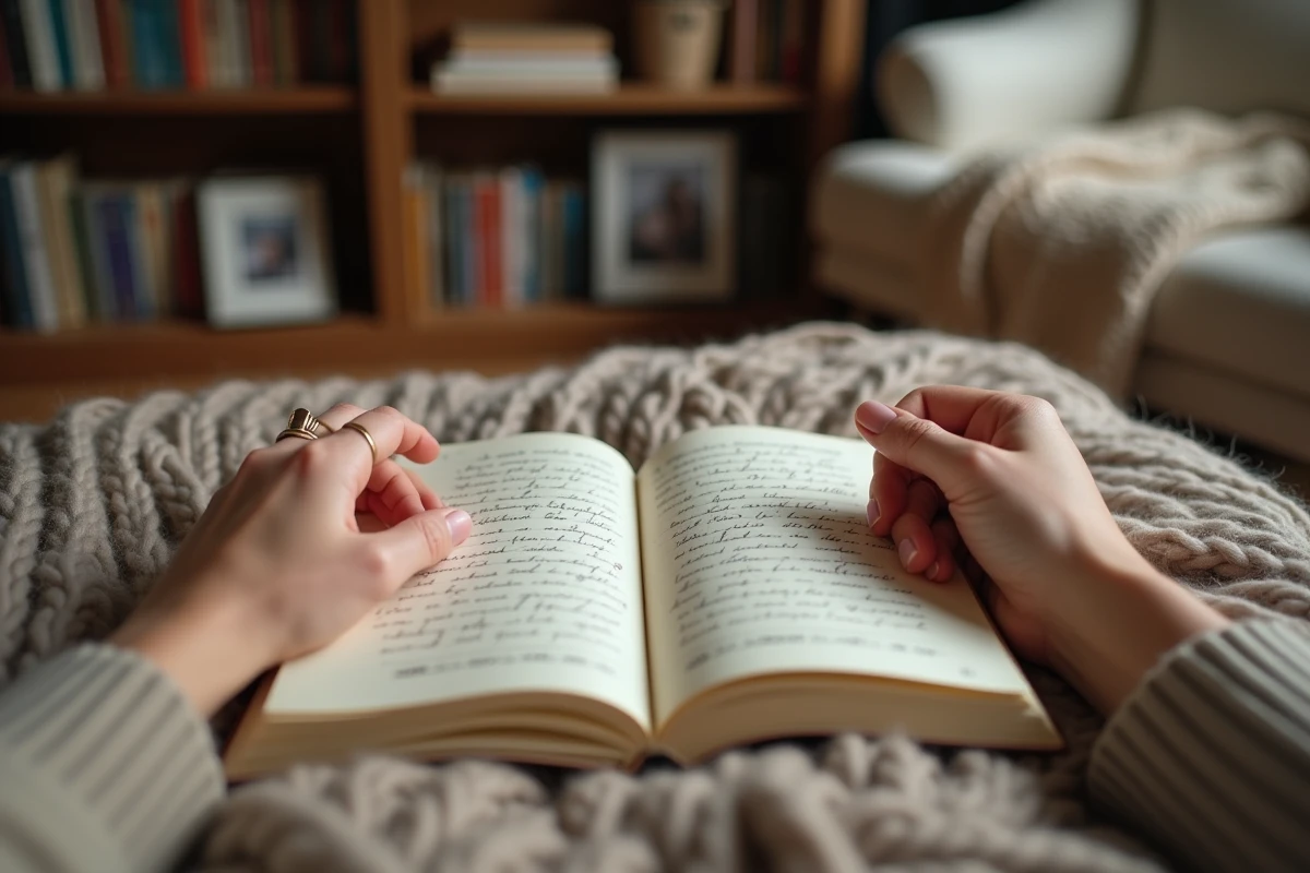 Mains d'une grand-mère et d'une petite-fille feuilletant ensemble un journal intime rempli de messages émouvants