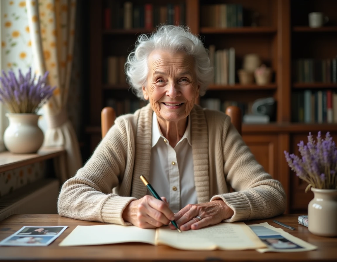 Grand-mère âgée écrivant une lettre manuscrite à sa petite-fille à son bureau en bois dans un intérieur chaleureux et nostalgique