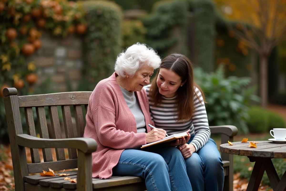 Une grand-mère partage ses mots écrits avec sa petite-fille dans un jardin d'automne apaisé