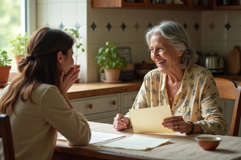 Grand-mère et petite-fille riant ensemble autour d'une lettre manuscrite dans une cuisine rustique chaleureuse