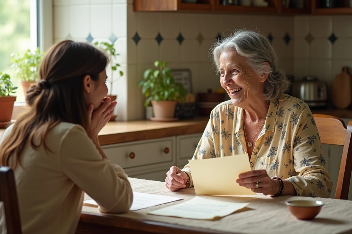 Grand-mère et petite-fille riant ensemble autour d'une lettre manuscrite dans une cuisine rustique chaleureuse