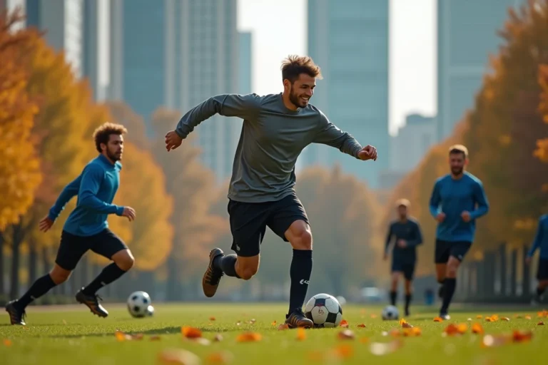 Groupe d'hommes jouant au football en ville