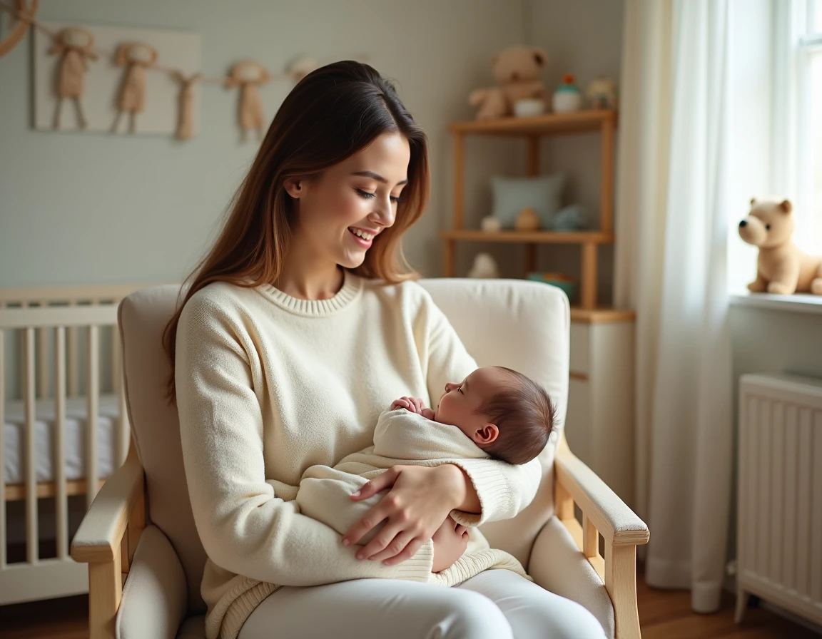 Jeune mère tenant tendrement son nouveau-né emmailloté dans une chambre de bébé décorée avec des meubles en bois et des jouets pastel