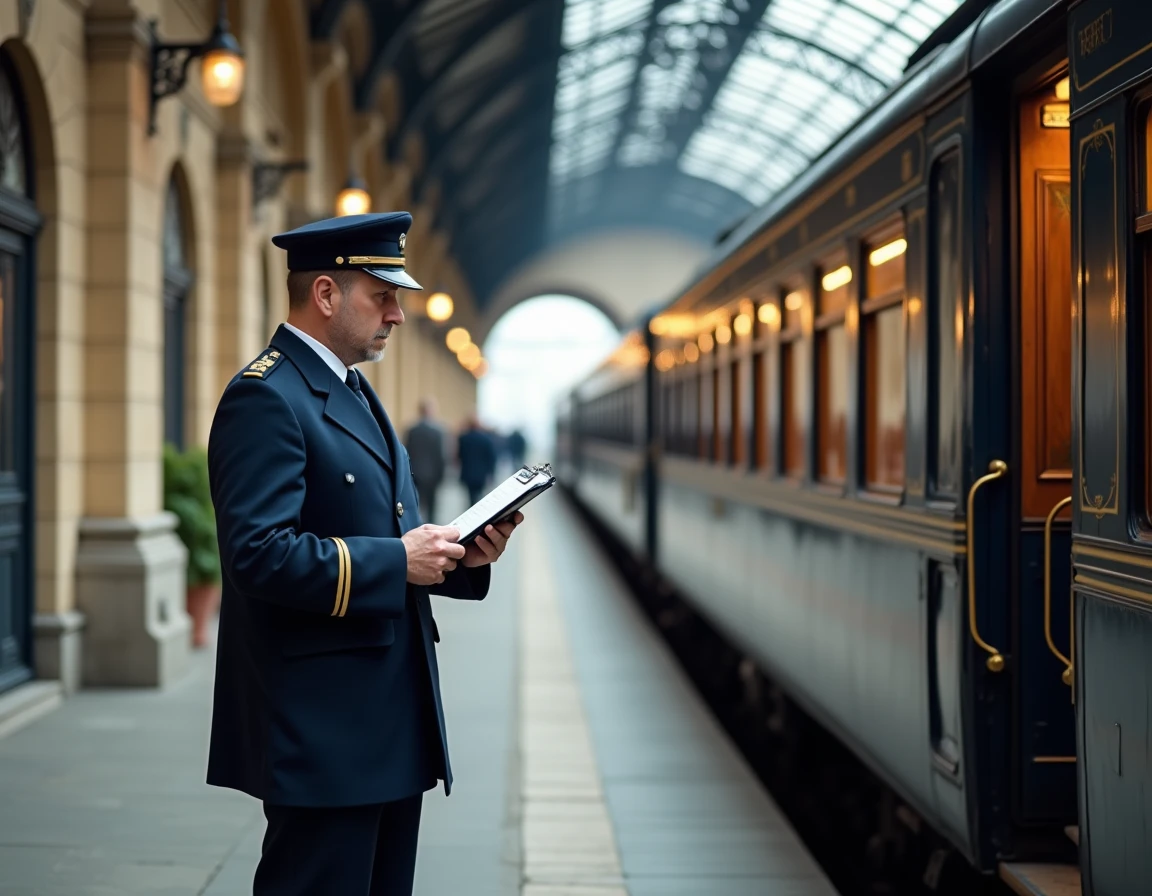Vue extérieure de l'Orient Express en gare avec un contrôleur vérifiant la liste des passagers sur le quai