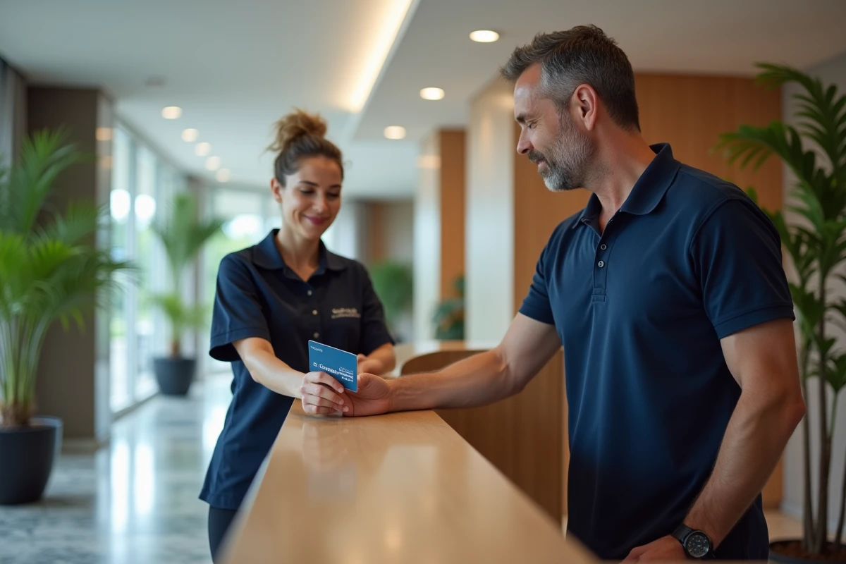 Homme présentant une carte chèques vacances Connect à la réception d'un hôtel lors d'un paiement