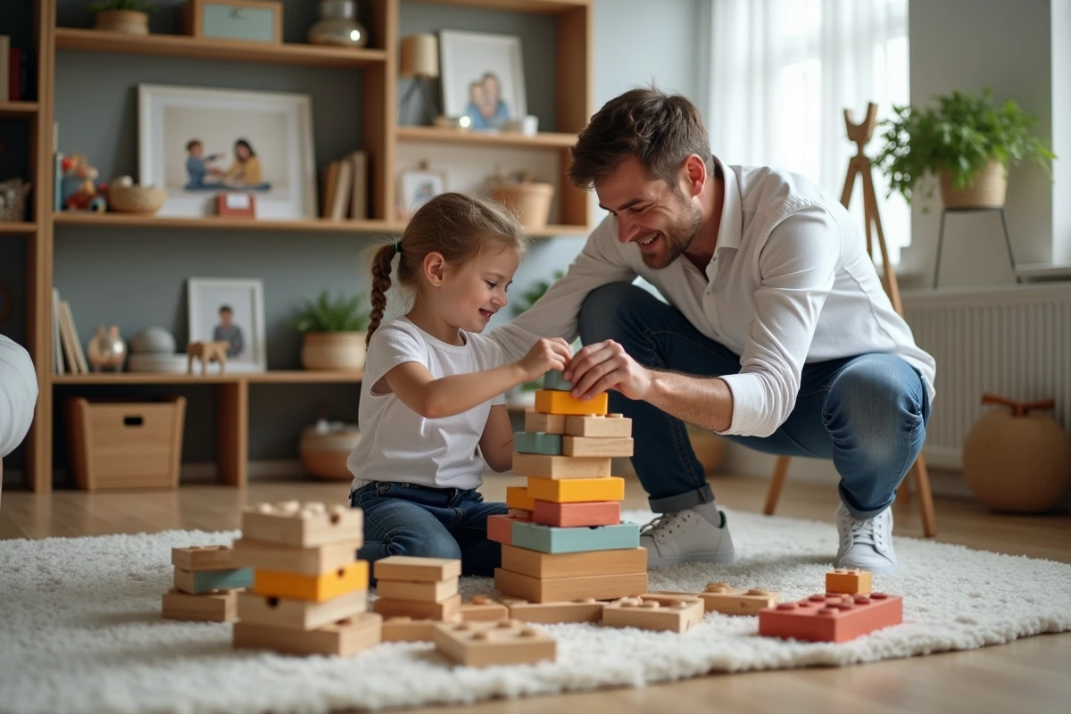 Père aidant sa fille à construire une tour de blocs colorés