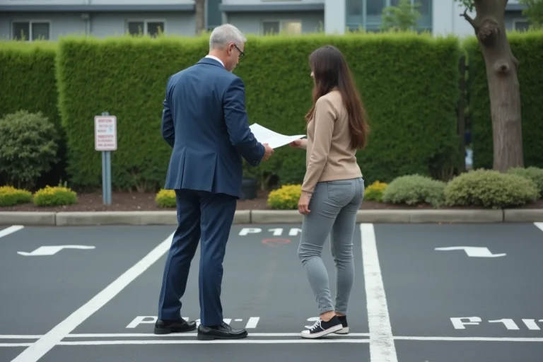 Homme d affaires et jeune femme devant l entrée de parking