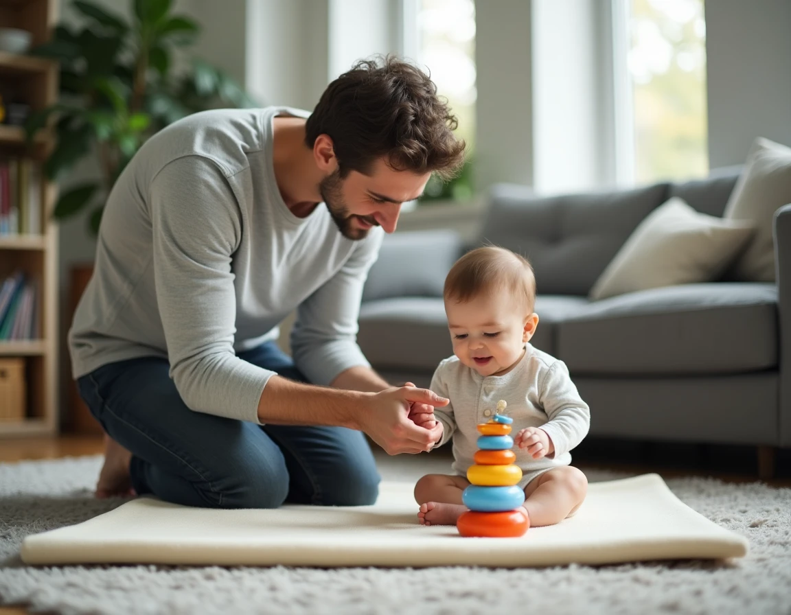 Father playing with his six-month-old baby on a colorful play mat in a modern living room with children's books and toys