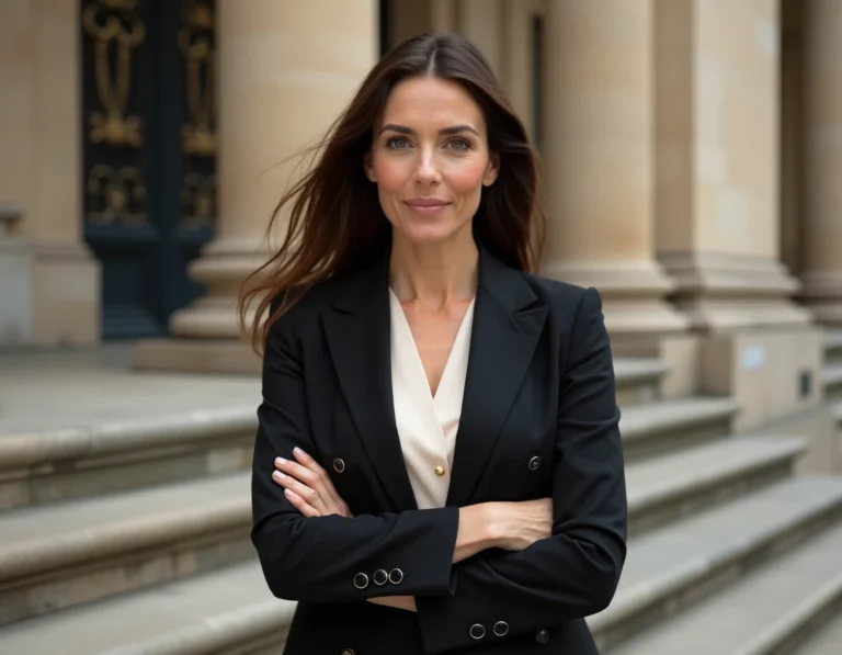 Portrait élégant d'une actrice française emblématique devant un bâtiment néoclassique parisien, évoquant la carrière et le style intemporel de Sophie Marceau