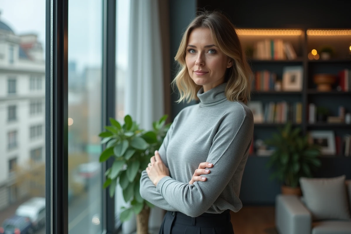 Portrait d'une femme debout près d'une fenêtre urbaine symbolisant la protection de la vie privée