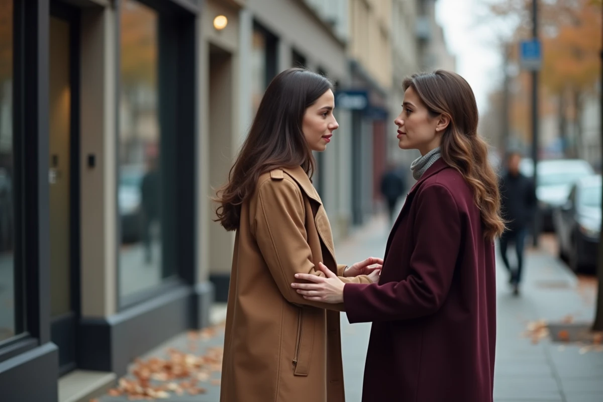 Deux sœurs adultes dans une rue urbaine en automne, l'une tentant de réconcilier l'autre dans une relation difficile