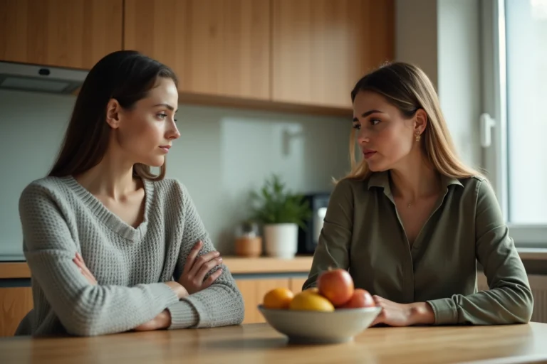 Deux sœurs adultes assises face à face à une table de cuisine, exprimant une tension émotionnelle dans une relation conflictuelle