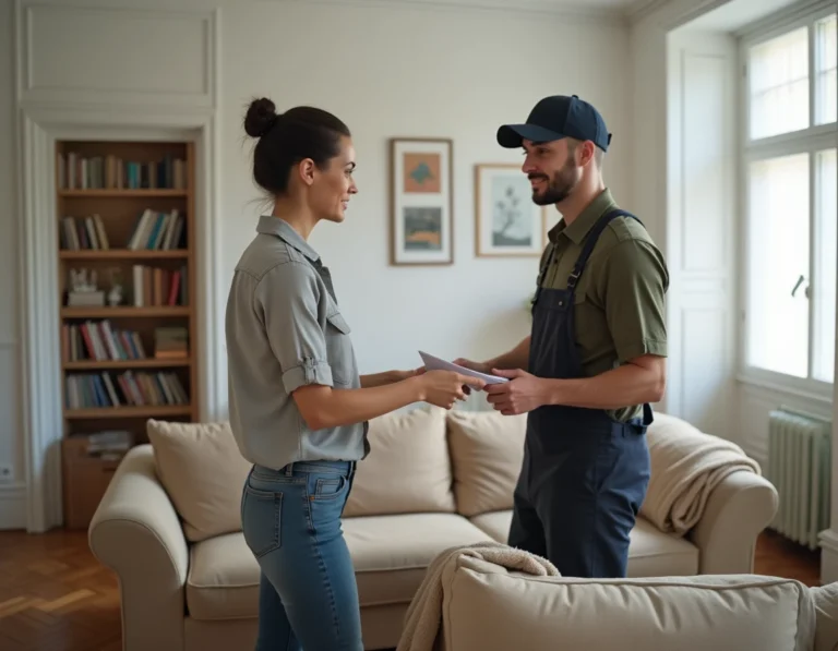 Une femme remet des documents à un agent de reprise de canapé dans un salon avec parquet, illustrant le processus de reprise d'ancien mobilier à domicile.